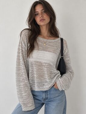 Brandy Melville Grey Sheer Knit Longsleeve Top One Size